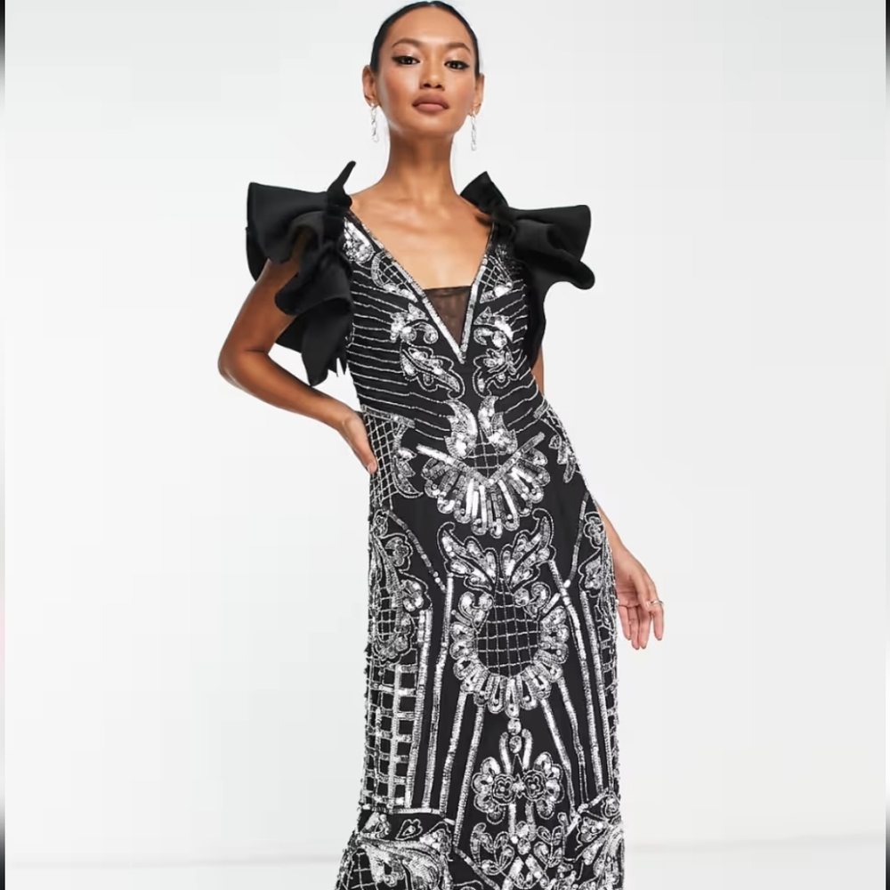 Ruffled Sleeve Sequin Maxi Dress